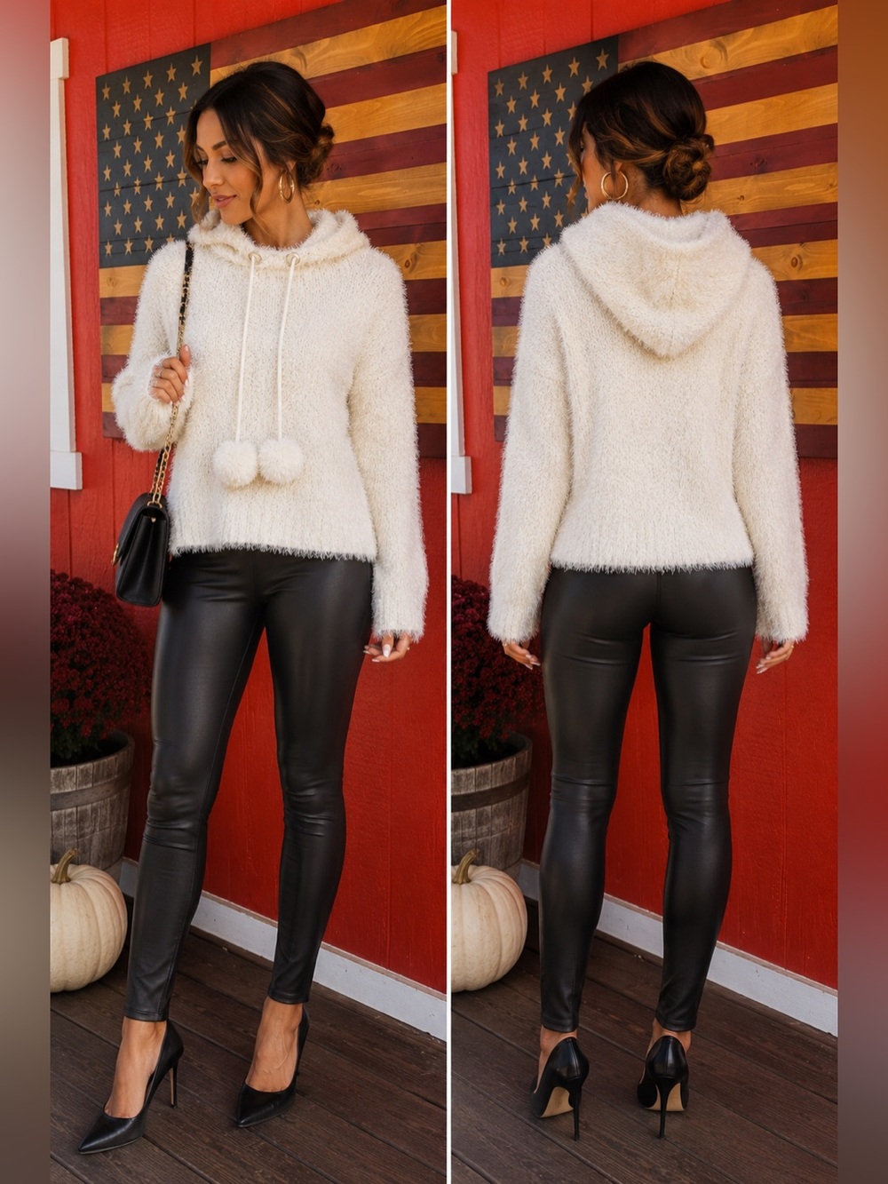 Women's Cream Fuzzy Pom-Pom Hooded Sweater
